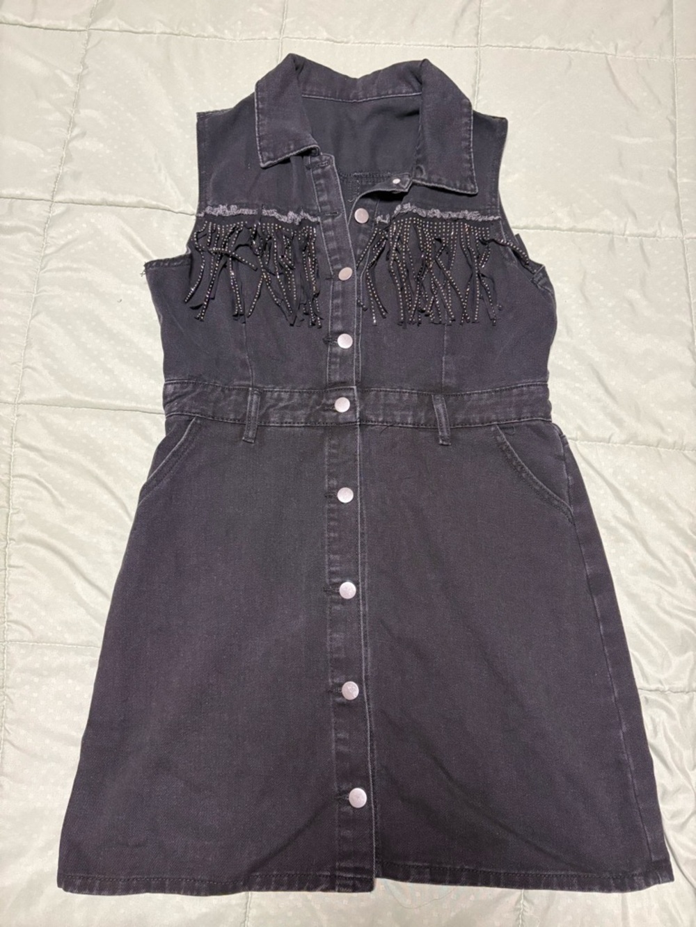 Black Sleeveless Fringe Button-Front Mini Dress